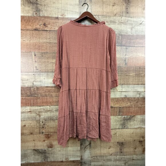 Naif Rust Orange Textured Tiered Mini Dress With Tassel Tie Neck & 3/4 Sleeves L - Picture 6 of 8